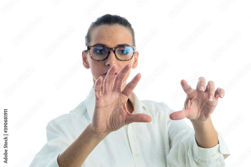Portrait of a woman pressing with her finger. Portrait of a woman pressing with her finger.