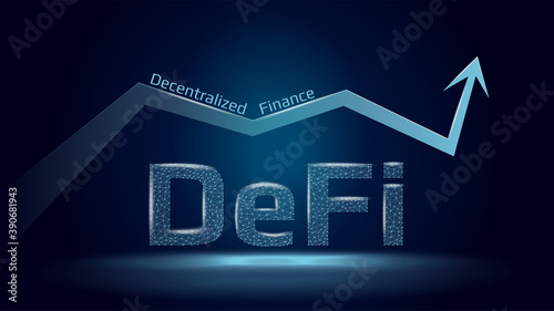 Text Defi decentralized finance and up arrow in polygonal wireframe style on dark blue background. The growth sector of financial applications and services. Vector illustration.