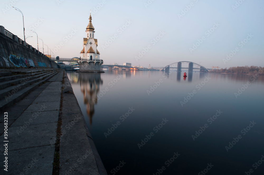The river is the Dnieper, and the city of Kiev at night