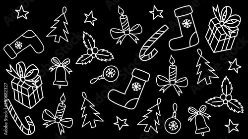 Animation of pattern with doodle style christmas elements. Bells, presents, christmas toys