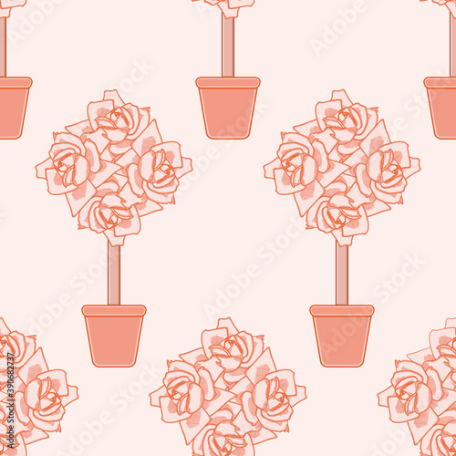 Rose topiary seamless vector pattern. Cute floral tree illustration background