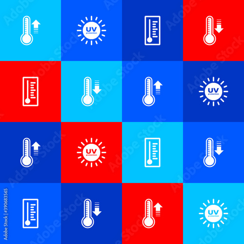 Set Meteorology thermometer, UV protection, and icon. Vector illustration