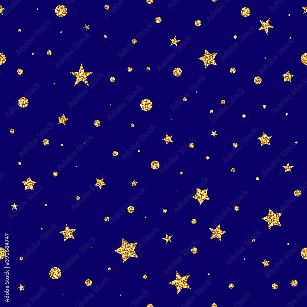 Seamless Glitter Stars vector pattern. Shiny stars, dots on dark blue background. Sparkles for holidays, New Year, Christmas, Birthday. Vector Xmas Magic night illustration for wallpaper, space print