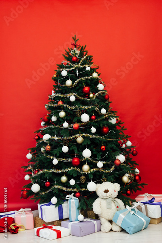 Christmas interior Christmas tree holiday red decor presents new year