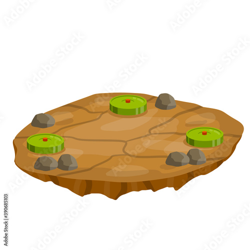 Minefield. Brown desert with bombs. Set of mines on ground. Rocks and sand. Modern warfare landscape. Explosive element of war. Cartoon flat illustration
