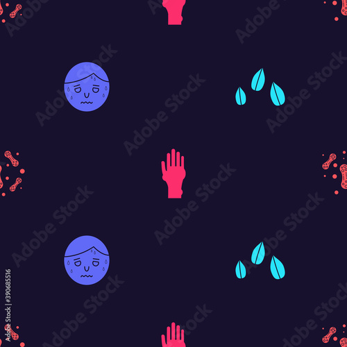 Set Sesame seeds, Man with excessive sweating, Hand psoriasis or eczema and Bacteria on seamless pattern. Vector.