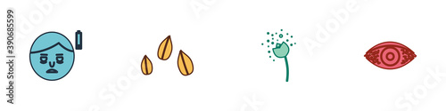 Set Fatigue, Sesame seeds, Flower producing pollen and Reddish eye allergic conjunctivitis icon. Vector.