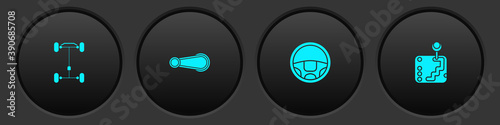 Set Chassis car, Car door handle, Steering wheel and Gear shifter icon. Vector.