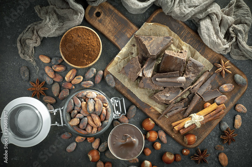 Cocoa beans on an old background.