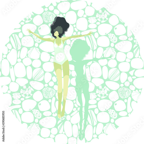 beautiful vector postcard with a girl in the sea. card with composition in a circle on a white background