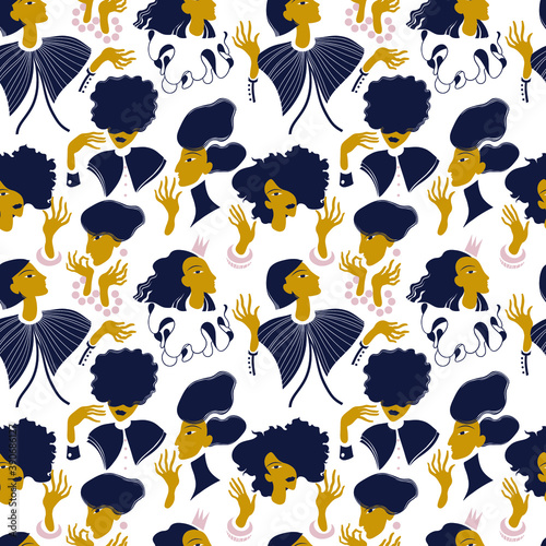 vector wallpaper with portraits of girls. seamless vector pattern on white background with different beauties, hand gestures, beautiful hairstyles and ornaments