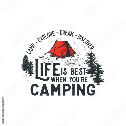 Hand drawn wilderness badge with mountain landscape and inspiring lettering 