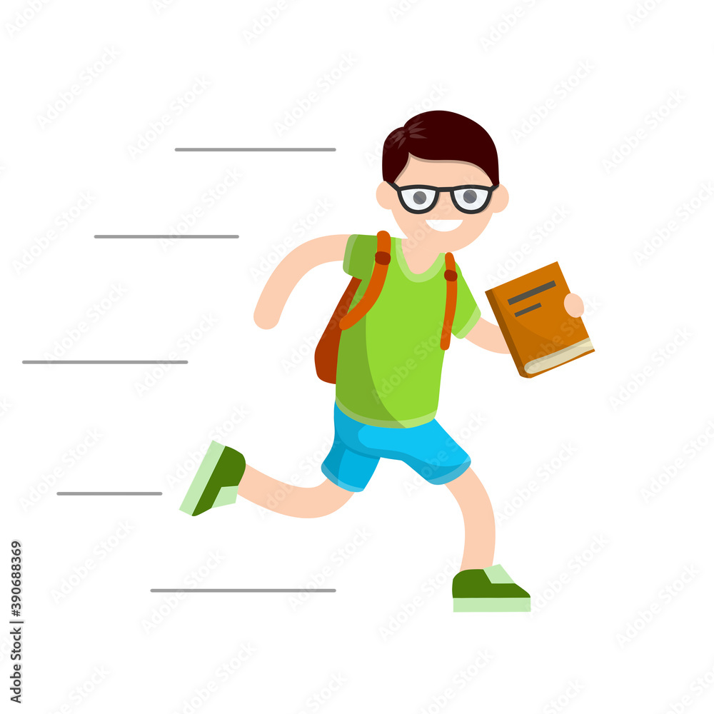 Boy run with book. Student goes to school. Student with backpack is late for school. Guy in summer clothes. Cartoon flat illustration. Happy child