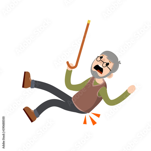 Old Man falls to ground. Sore spot and back pain. Grandfather failure and injury. Cartoon flat illustration. Senior with wand slipped. Health problem