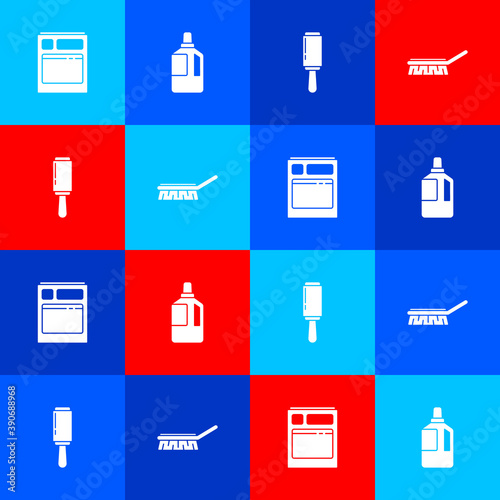 Set Kitchen dishwasher machine, Fabric softener, Adhesive roller and Brush for cleaning icon. Vector.