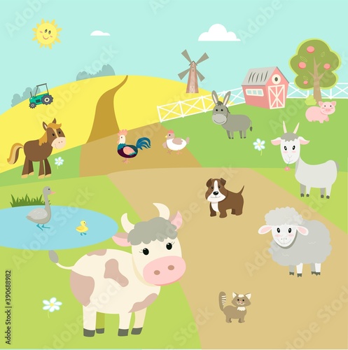 landscape with farm animals. Cow, donkey, sheep, goat, pig, cat, dog, rooster, chicken and goose on the background of a mill, barn and a tractor. Cute cartoon vector illustration in flat style © Екатерина Великая