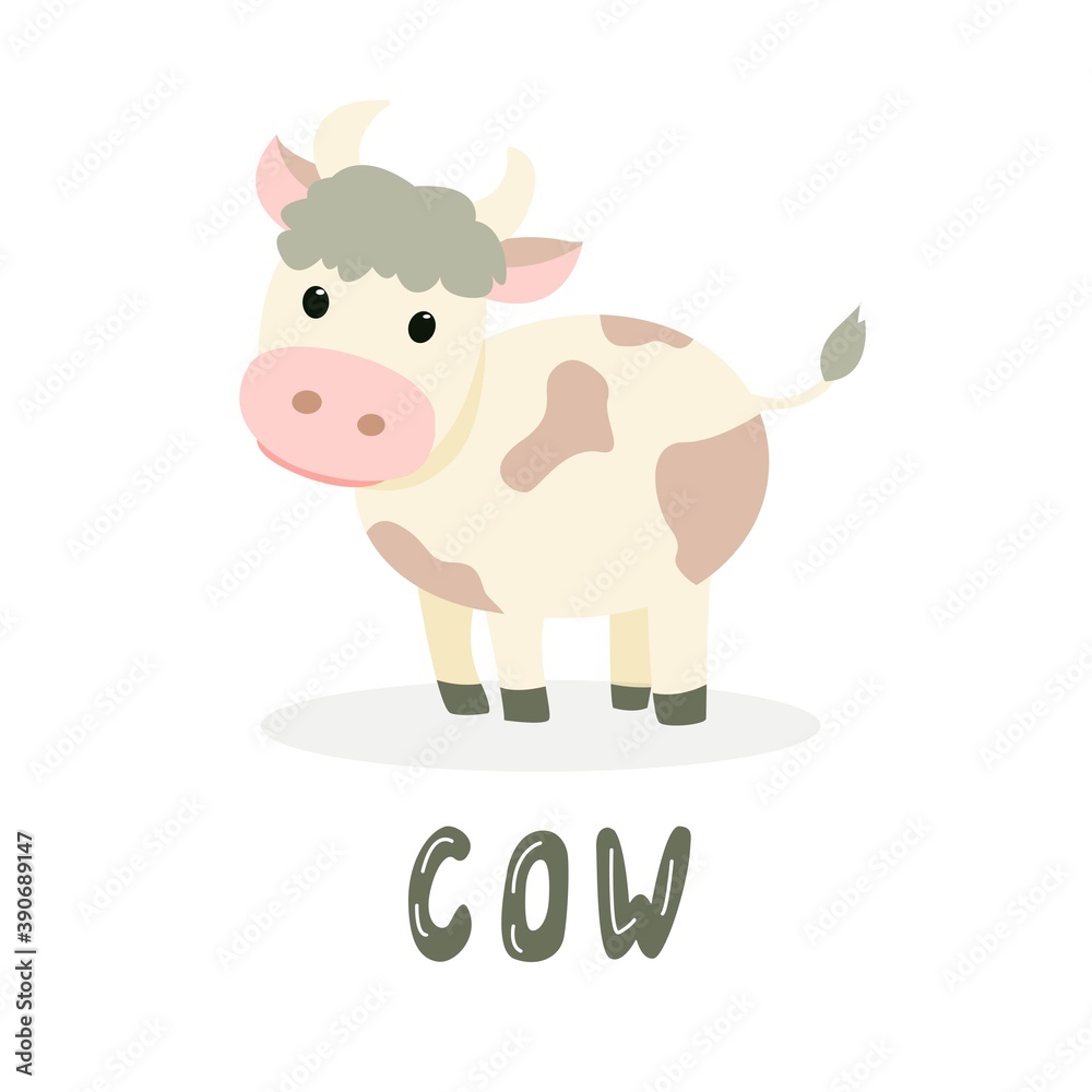 Obraz premium cartoon cow on isolated background, cute vector illustration in flat style + hand lettering