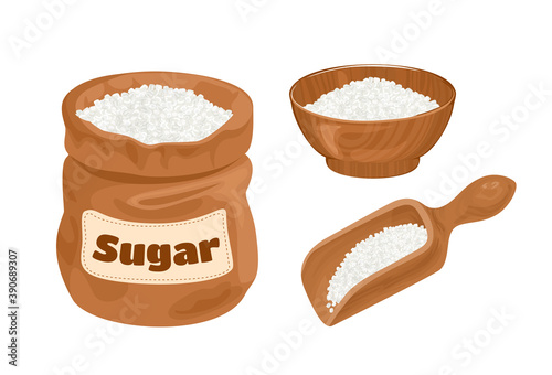 Sugar in bag, wooden spoon and bowl isolated on white background. Set. Vector food illustration in cartoon flat style.