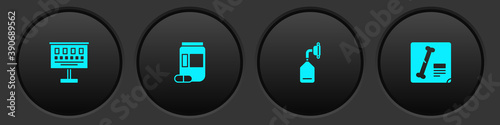 Set Eye test chart, Medicine bottle and pills, Medical oxygen mask and X-ray shots icon. Vector.