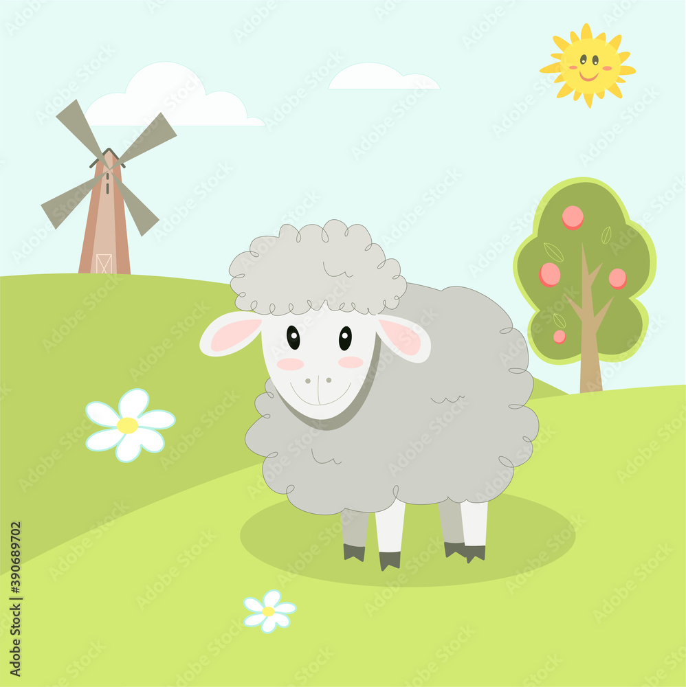 Obraz premium cute farm animals, landscape with cartoon sheep vector image