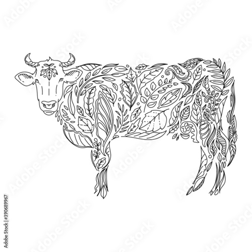 Outline Hand Drawn Of Cow With Floral Pattern