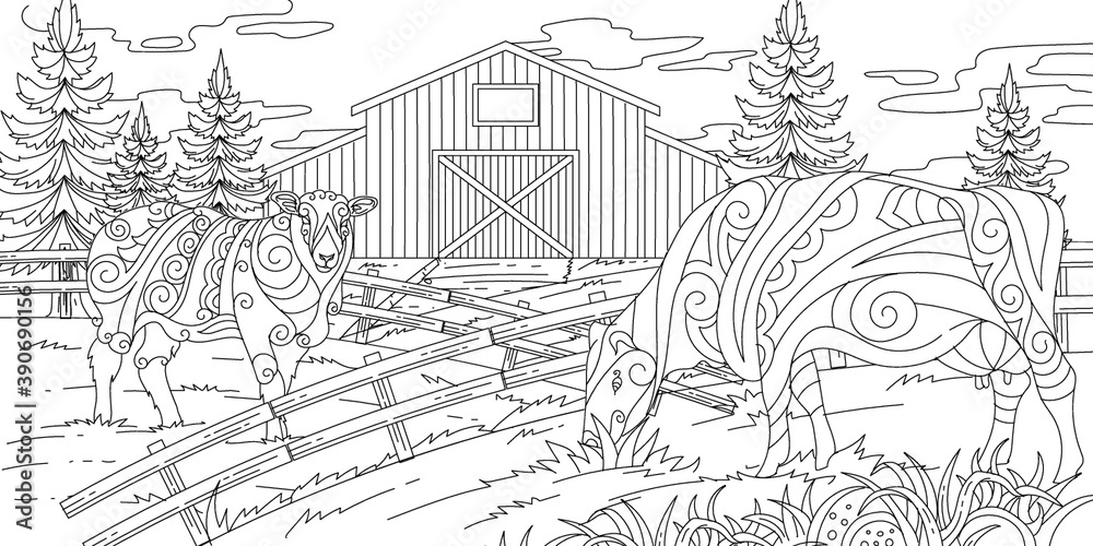 Fototapeta premium Outline Hand Drawn Farm With Adult Coloring Style