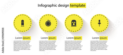 Set Bullet, Canteen water bottle, Balaclava and Torch flame. Business infographic template. Vector.
