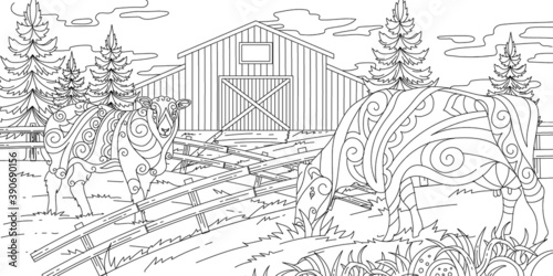 Outline Hand Drawn Farm With Adult Coloring Style