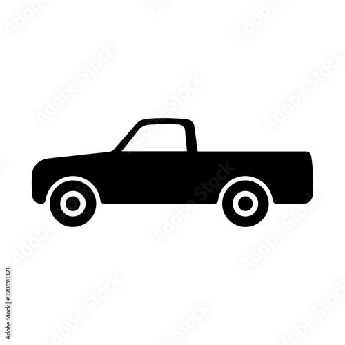 Pickup truck icon. Black silhouette. Side view. Vector flat graphic illustration. The isolated object on a white background. Isolate.