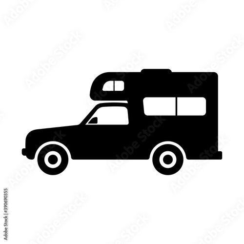 Motorhome based pickup truck icon. Black silhouette. Side view. Vector flat graphic illustration. The isolated object on a white background. Isolate.
