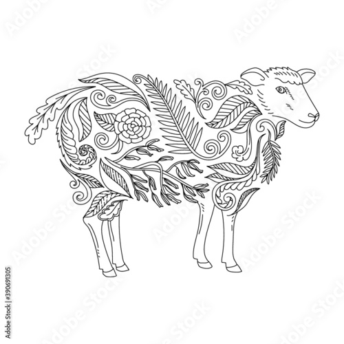 Fototapeta Naklejka Na Ścianę i Meble -  Outline Hand Drawn Floral Sheep Adult Coloring
