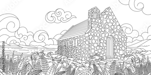 Outline Hand Drawn Tekapo Curch New Zealand Adult Coloring
