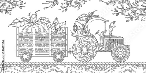 Outline Hand Drawn Fantasy Tractor Adult Coloring