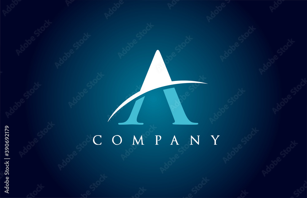 Fototapeta premium A alphabet letter logo icon for company in blue and white colour. Simple swoosh design for corporate and business