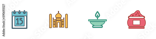 Set Independence day India, Taj Mahal, Aroma lamp and Indian spice icon. Vector.