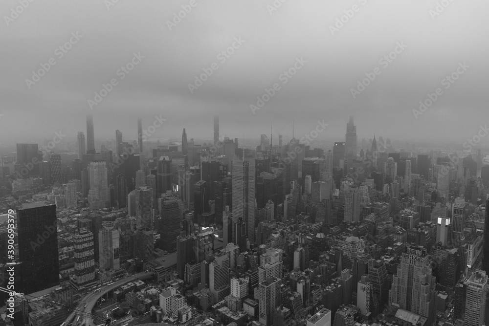 Aerial view on Midtown Manhattan on a foggy day in Black and white photo