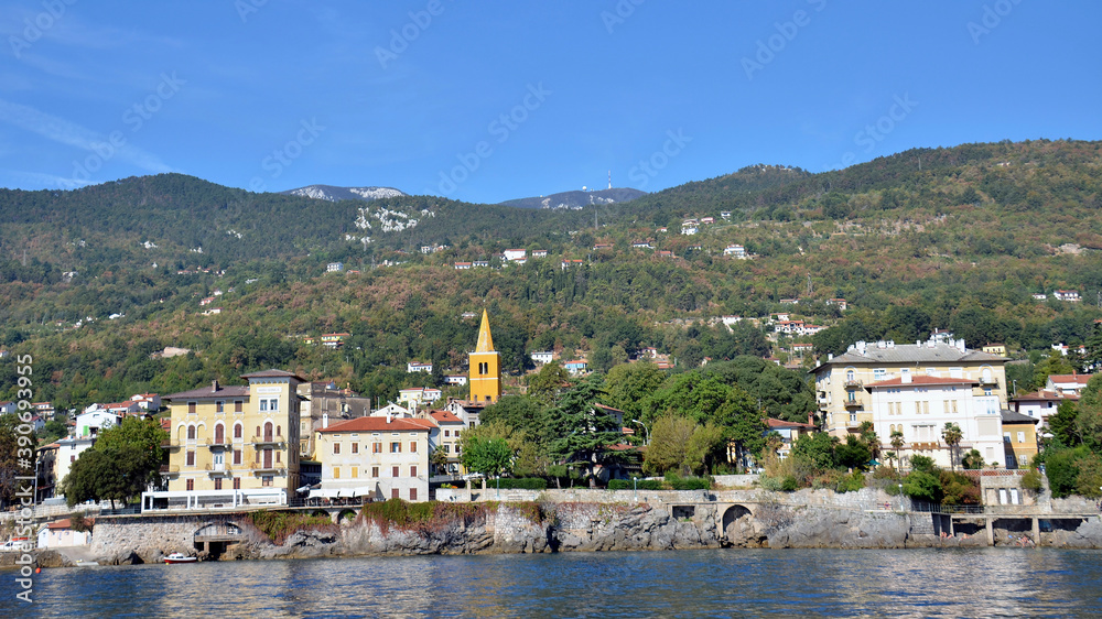 Croatia. View from the sea to the morning town of Lovran