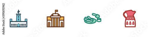 Set Montjuic castle, Prado museum, Churros and chocolate and Sangria pitcher icon. Vector.