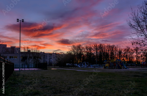 Colorful sunrise on a snowless winter morning.