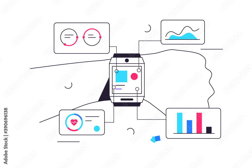 Modern smart watch on a man s hand with many functions, heartbeat, health charts isolated on white background, flat vector illustration Modern smart watch on a man s hand with many functions, heartbeat, health charts isolated on white background, flat vector illustration