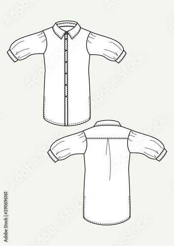 Camicia donna lunga maniche corte disegno piatto sketch fashion illustration fronte e retro mock up vetttoriale