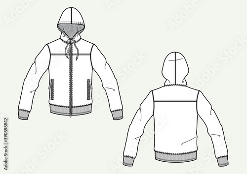 Felpa uomo con zip, cappuccio e coulisse disegno piatto sketch fashion illustration fronte e retro mock up vettoriale photo