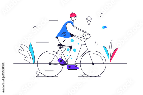 Guy rides a bike on a bike path wearing a helmet isolated on white background, flat vector illustration