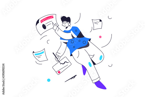 Guy soars in zero gravity with data and papers, draws on a graphics tablet isolated on white background, flat vector illustration