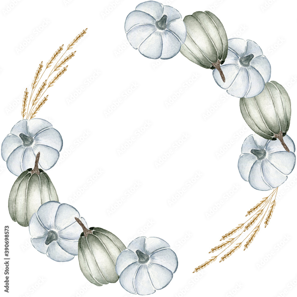 Watercolor harvest wreath with pumpkins and wheat ears. Hand-painted ...