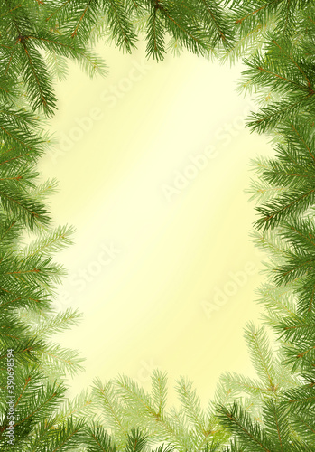 Christmas frame made of fir tree branches on yellow background