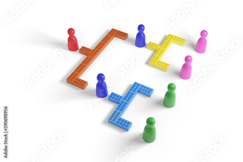 Fototapeta Naklejka Na Ścianę i Meble -  Colorful pawns and blocks representing a hierarchical structure isolated on white background. 3d illustration.