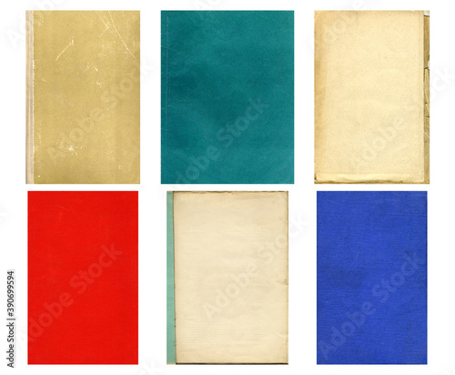 Paper and textile textures set. Blank retro pages and old book covers. Rough faded canvas surface. Perfect for background and vintage style design. Empty place for text.