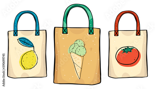 Set of hand-drawn textile bags isolated on white background. Doodle style.