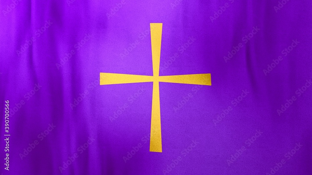 Waving flag of Byzantine Christian Cross on liturgic violet. 3D illustration for online worship church sermon in Advent and Lent symbolizing penance sacrifice mourning and absolution of departed.